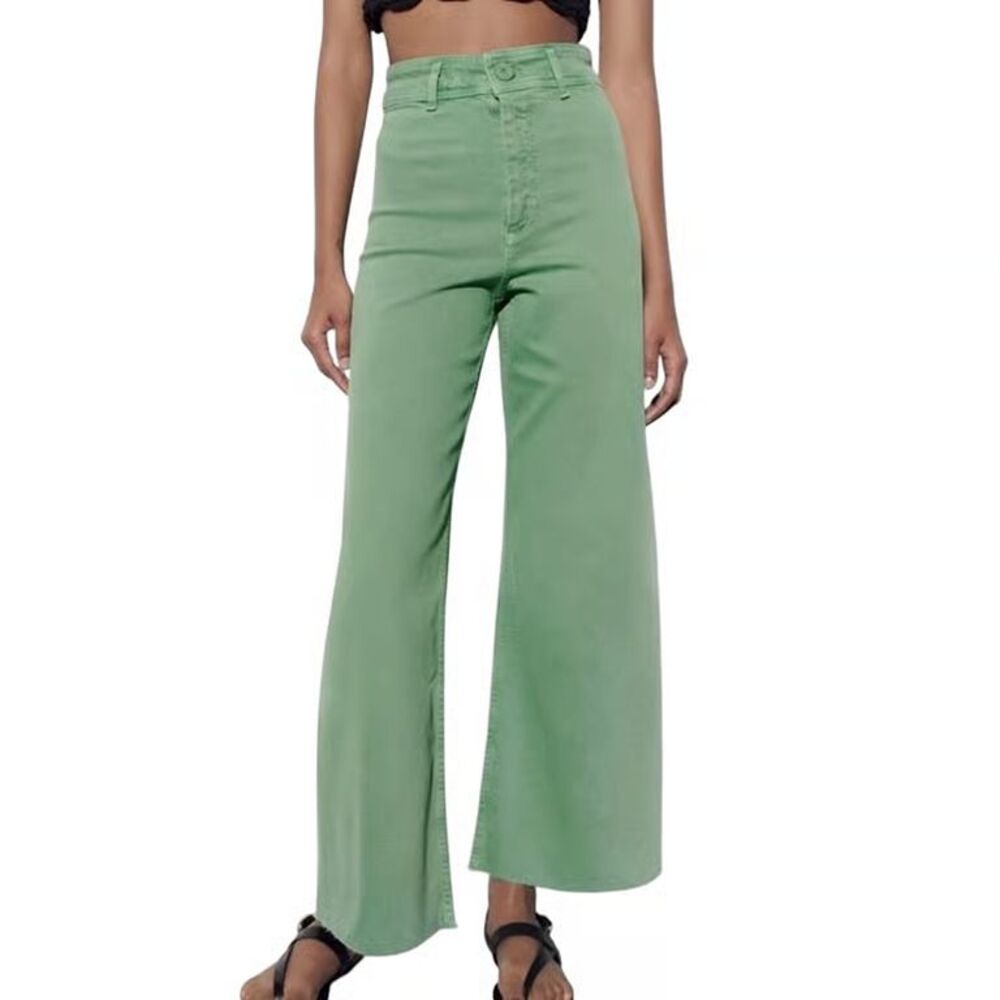 Zara High-Rise The Marine Straight Wide Leg Raw Hem Light Green 4 - Picture 2 of 10